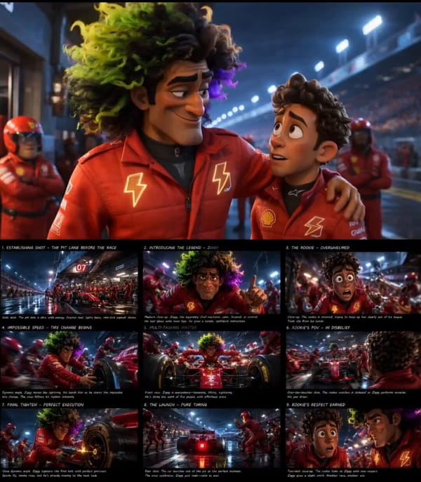 Stylized Pixar-inspired animated cinematic scene inside a Formula 1 pit lane moments before the rac… prompt example