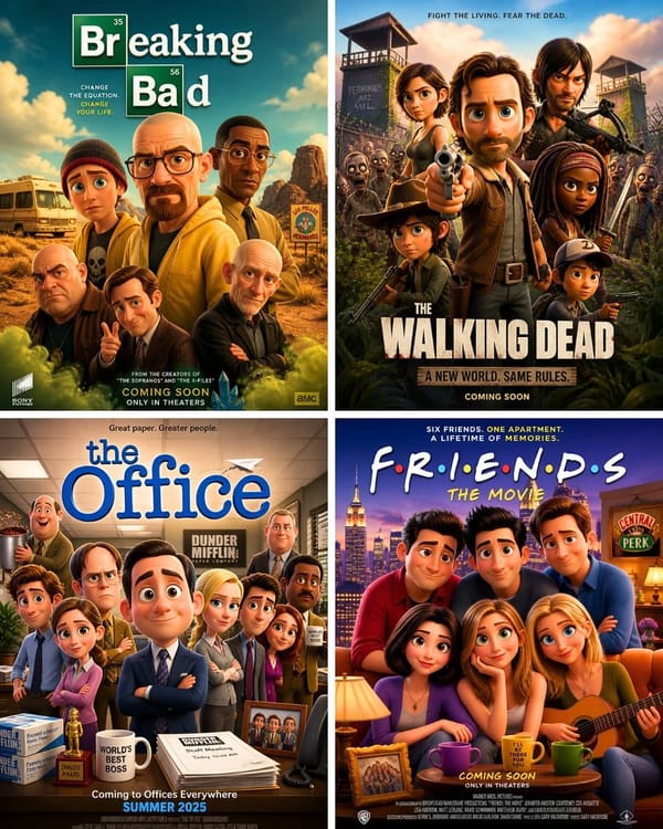 "Pixar-style movie poster reimagining of the TV show [TV Show]. Feature the main cast as charming 3… prompt example