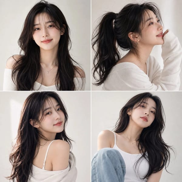 Photorealistic Korean beauty portrait of a cute young woman with long wavy dark hair and soft w…