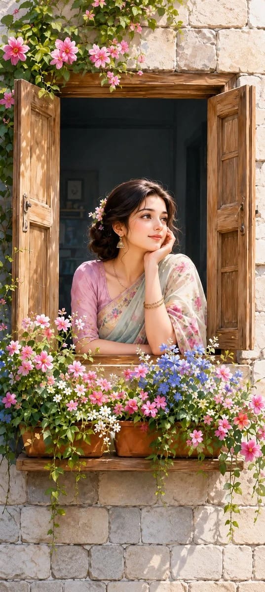 A beautiful young South Asian woman leaning on a rustic wooden window of a vintage stone cottage, w… prompt example