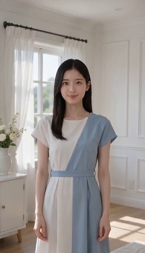 架空の成人日本人女性、20代前半。静かで明るい室内に、カメラの真正面を向いて立っている。部屋は白と淡い青を基調にした清潔な空間。女性は白と青を基調にした、清楚で上品な半袖ワンピースを着ている…