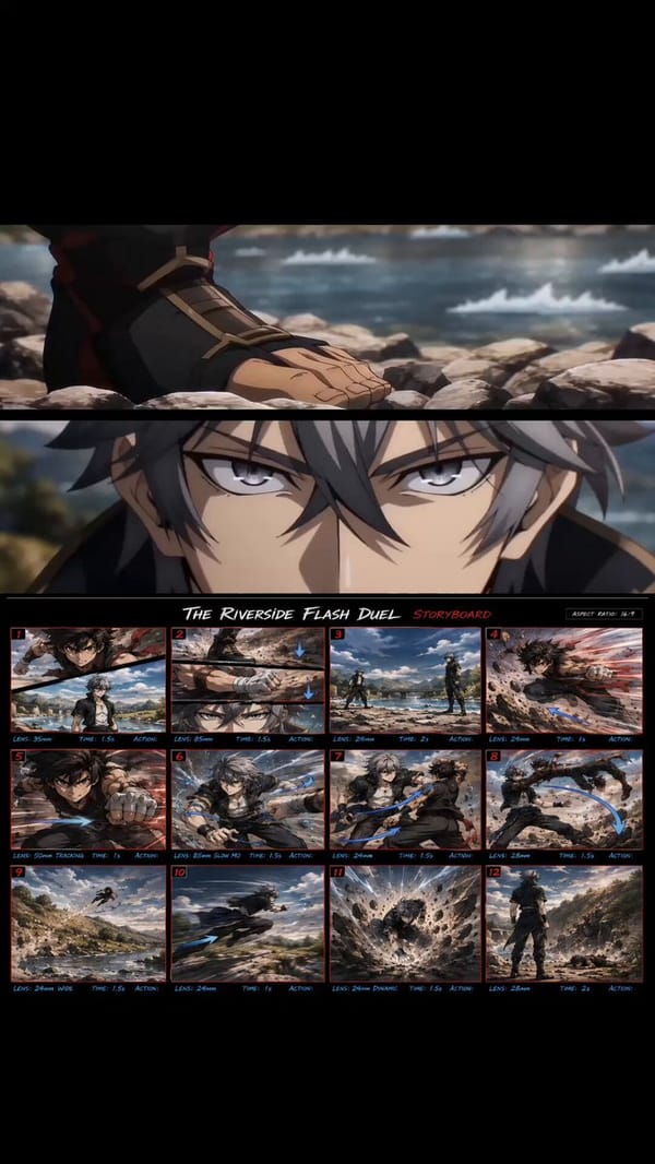 TITLE The Riverside Flash Duel REFERENCE Use the uploaded anime development board as the primar…