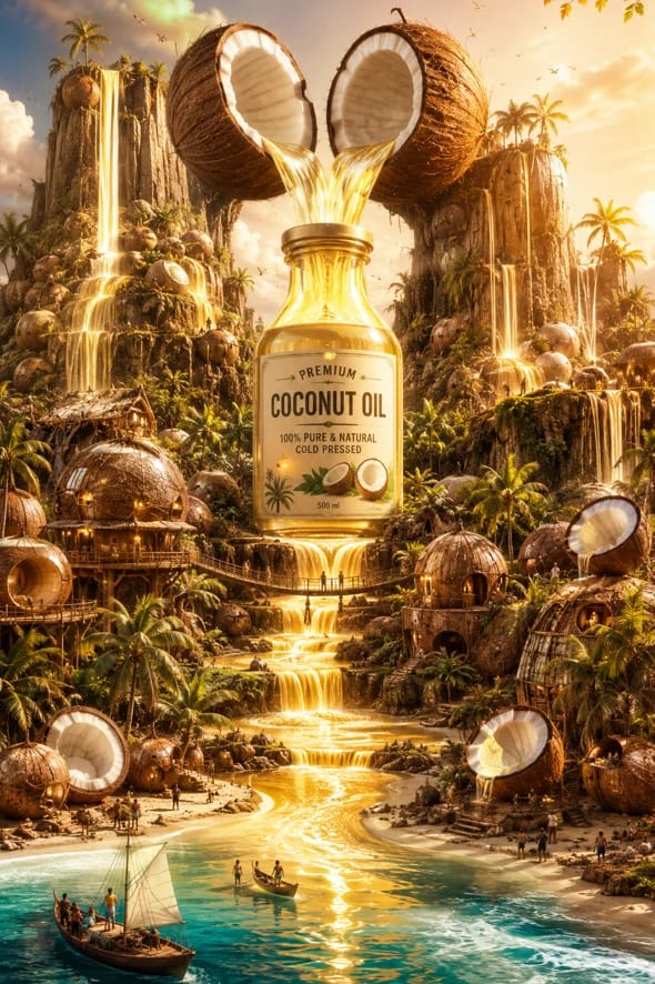 Epic surreal advertising artwork showcasing a luxurious coconut oil bottle as the heart of a va…