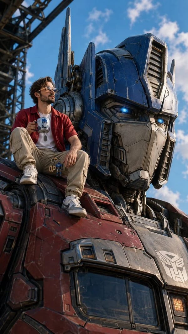 A realistic close-up of the giant Optimus Prime head, taken from a low right front angle, sharply h… prompt example