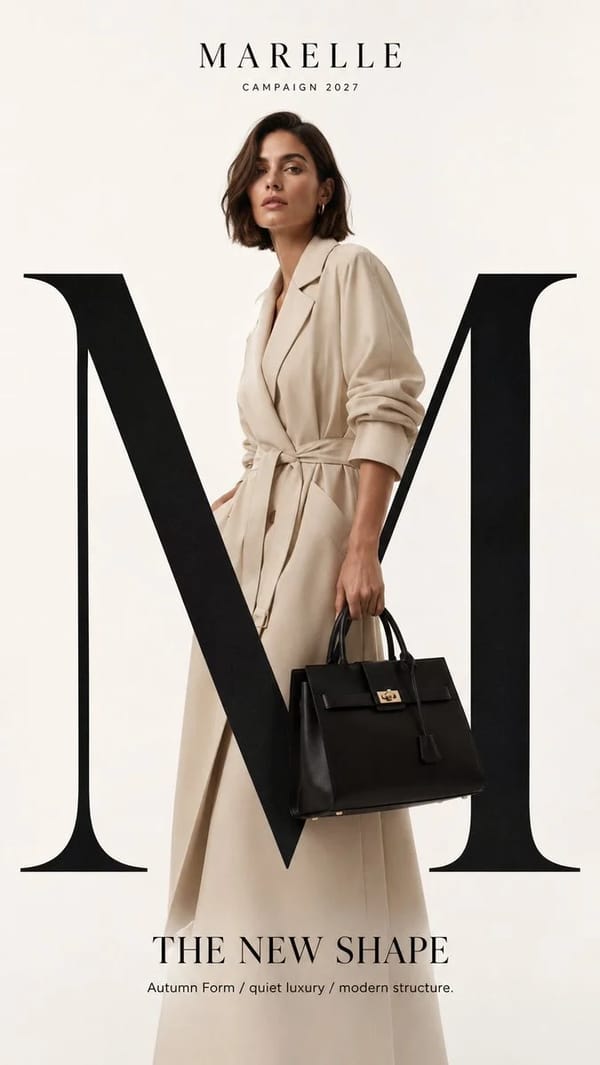 Create a high-end luxury fashion campaign mockup with strong typography, realistic fashion phot…