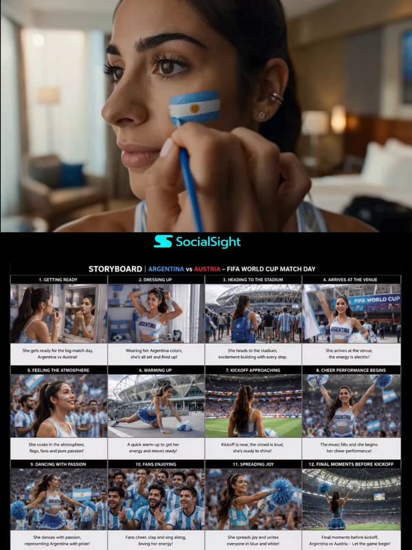 A young Argentina cheerleader prepares for the biggest match day of her life: Argentina vs Austria… prompt example