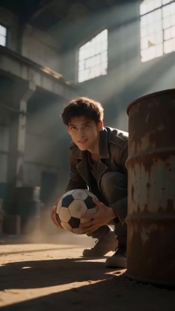 [0s–3s] Wide establishing shot — a dusty abandoned warehouse at golden hour. The hero, a lean y…