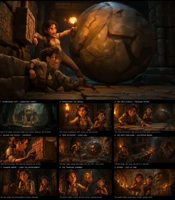 Stylized DreamWorks-inspired animated cinematic scene deep inside a forgotten jungle temple, fe…