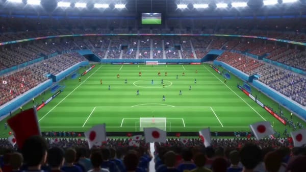 High-energy anime football match between Japan and Tunisia inside a packed international stadiu…