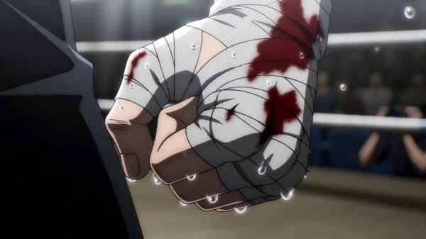 A brutal anime boxer with spiky white hair, glowing red eyes, ripped athletic body covered in s…