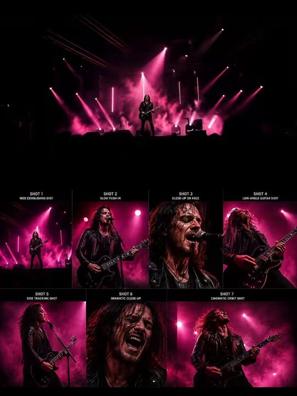Multi-shot cinematic rock music video in one continuous stage context. A rock guitarist stands…