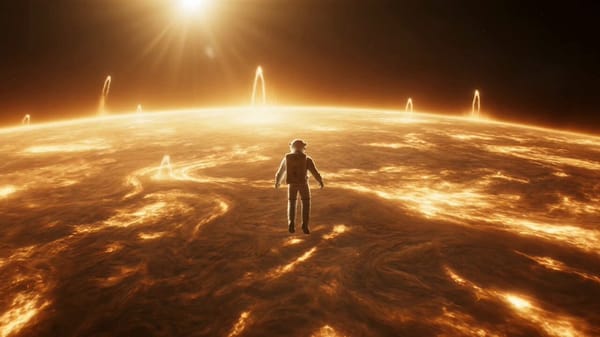 15-second ultra-cinematic cosmic transformation sequence near the surface of a colossal star. A…