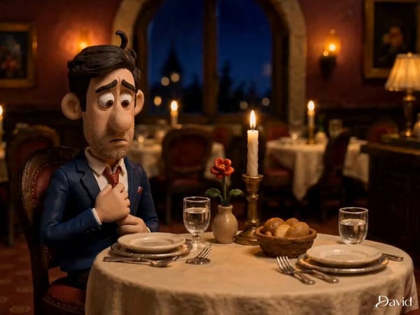 A man sits alone at a candlelit restaurant table, adjusting his tie nervously. [cut] Medium sho…