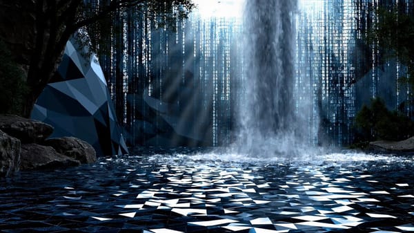 Static low-angle shot of binary data waterfall flowing into the hidden lake with sun rays shini…