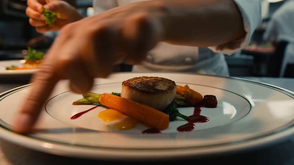 A fluid handheld shot weaves through a chaotic working kitchen during the dinner rush, the came…