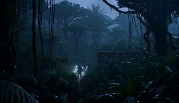 Dense futuristic jungle during heavy rain at dusk. Ancient overgrown megastructure buried benea…
