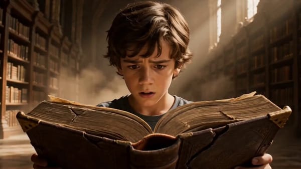 Cinematic shot, a young boy reading an ancient spellbook in a dusty library, suddenly pulled in…