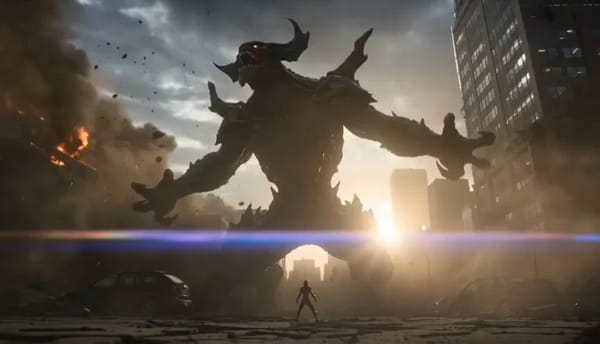 A colossal dark horned monster towers over a collapsed city at dusk, lightning splitting the sk…