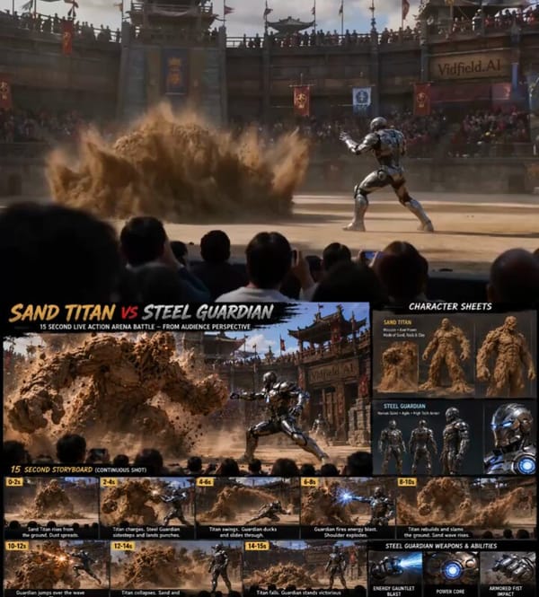 Create a 15-second live-action fantasy battle filmed from the perspective of a spectator sitting in… prompt example