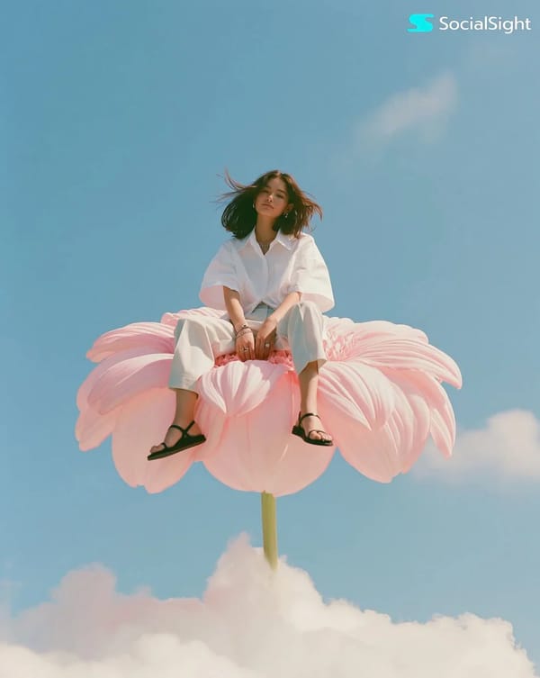 Photorealistic high-fashion editorial image, vertical 4:5. A young adult fashion model sitting calm… prompt example