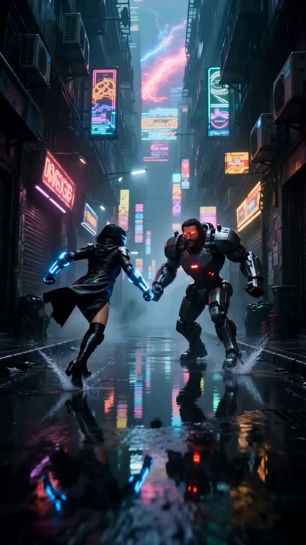 SCENE: A fast and brutal tech-punk fight erupts between two clearly distinct cyber-enhanced fighter… prompt example