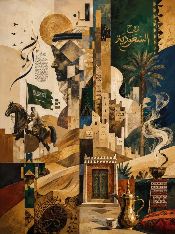 Saudi abstract illustration, contemporary Saudi art, abstract interpretation of Saudi culture and i… prompt example