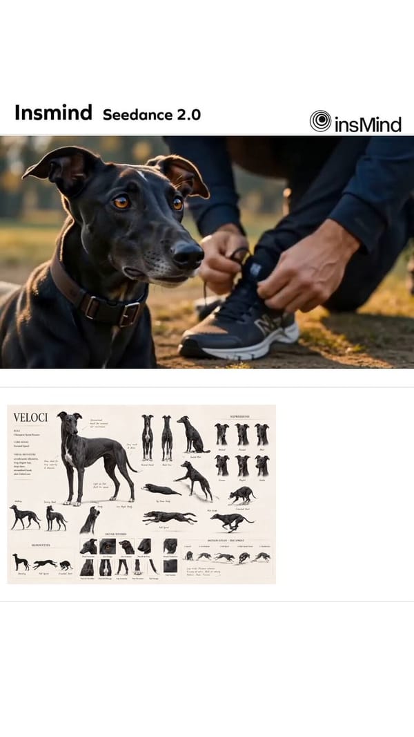 Create a photorealistic cinematic commercial about a black Greyhound running with its favorite…