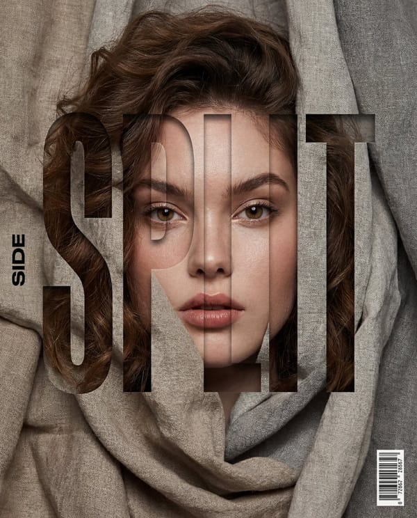 Vertical editorial poster portrait of [Character] with [Hair], face tightly framed behind crump…