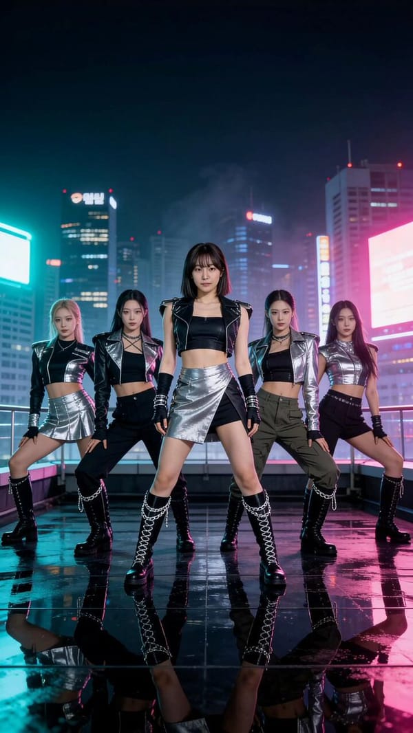 Animate the provided first frame into a 15-second vertical 9:16 cinematic K-pop dance music vid…