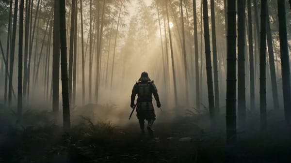 A misty bamboo forest at dawn. Cinematic tracking shot follows behind a lone samurai walking th…