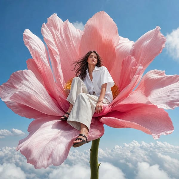photorealistic high-fashion editorial image, vertical 4:5. A young adult fashion model sitting calm… prompt example