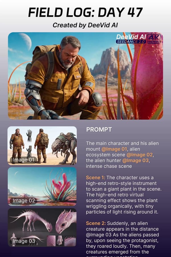 The main character and his alien mount @Image 01, alien ecosystem scene @Image 02, the alien hunter… prompt example
