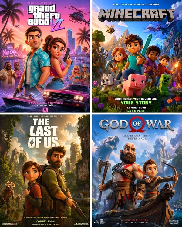 Pixar-style movie poster reimagining of the video game [Video Game]. Feature the main characters as… prompt example