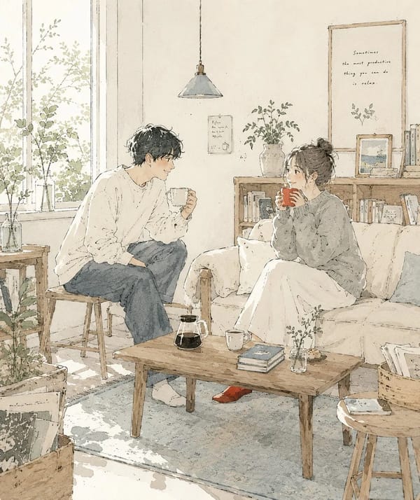 Create a delicate contemporary Japanese lifestyle illustration with a cozy slice-of-life atmosphere. prompt example