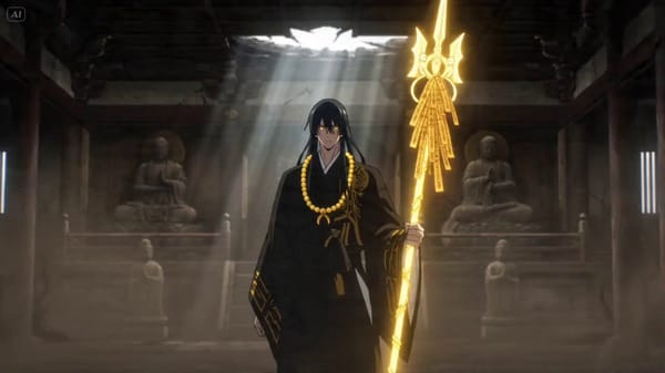 A dark anime exorcist with long black hair, golden prayer beads floating around his neck, spear…