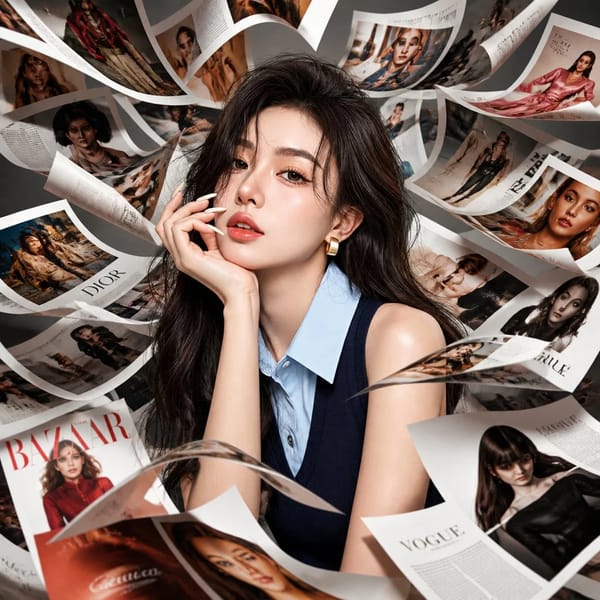 Fashion editorial where hundreds of luxury magazine pages appear frozen mid-air around a Korean…