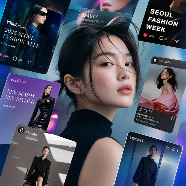 Luxury fashion editorial where a giant crystal prism contains multiple refracted views of a Kor…