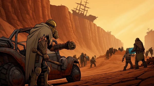 ROTAGONIST: A male Wasteland Drifter wearing a frayed sand-poncho, a heavy brass gas mask, and asym… prompt example