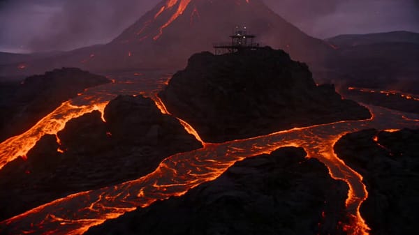 Create an intense cinematic disaster-science scene at a remote volcanic observatory during twilight… prompt example