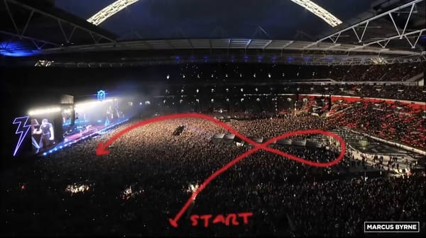 Camera fly through in one continuous take, no drone shadow, fly around the interior of the stad…