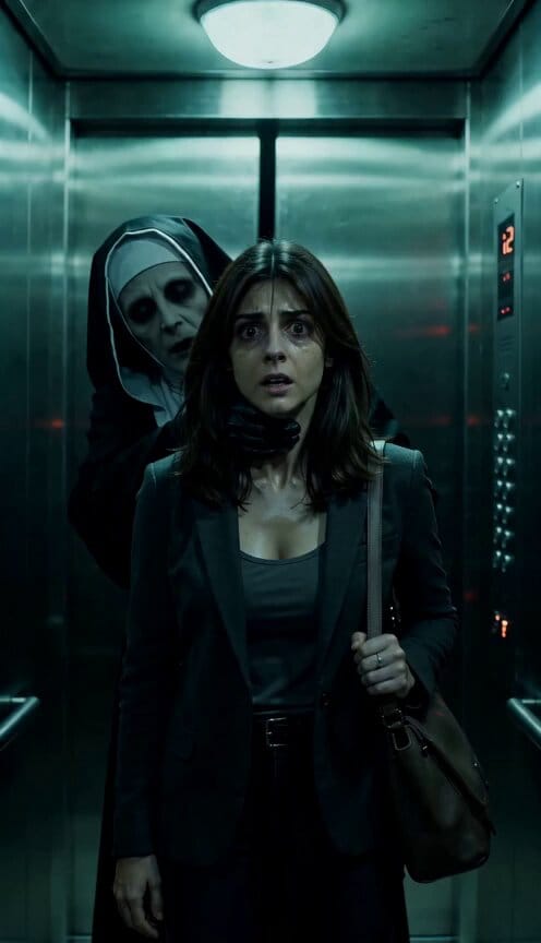 Cold green horror color palette. Woman in reference overly terrified, shaking, heavily sweating…