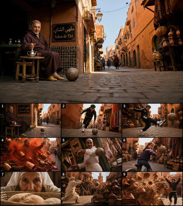 Setting: Busy Moroccan souk at golden hour. Terracotta walls, hanging lanterns, spice stalls, bread… prompt example