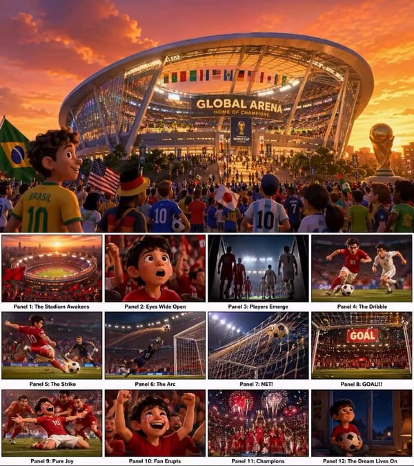 Generate a 12-panel Pixar-style anime storyboard themed around the World Cup, laid out in a 4×3 gri… prompt example