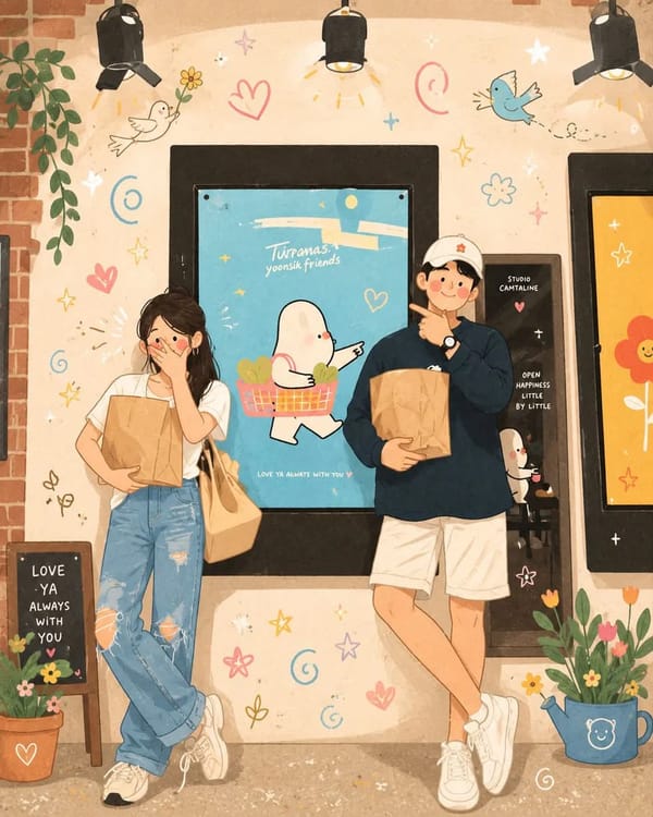 Whimsical Korean-inspired illustration, soft pastel color palette, cozy aesthetic, hand-painted dig… prompt example