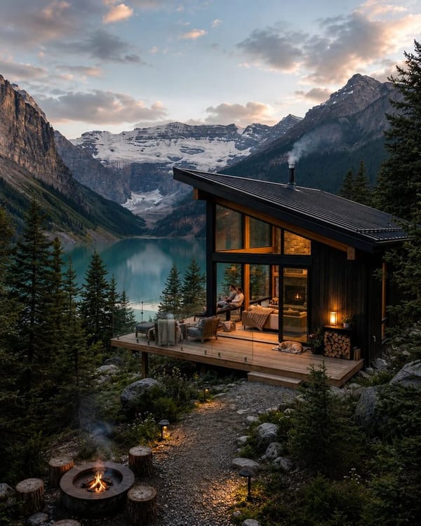 Ultra-realistic luxury mountain cabin overlooking a crystal-clear turquoise alpine lake surroun…
