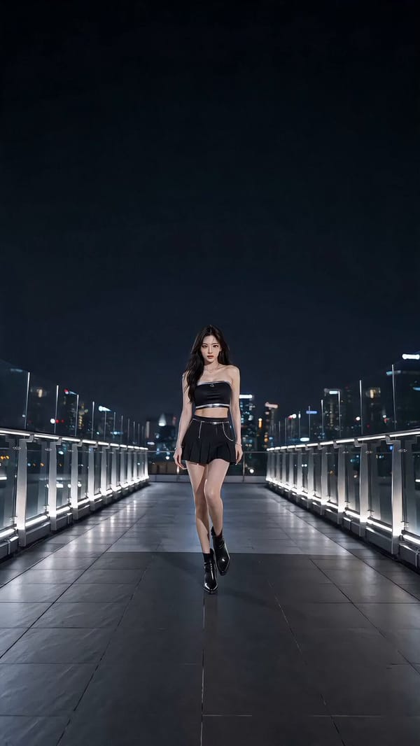 Theme: Black Silver Midnight Rooftop K-pop Dance Character: young adult East Asian K-pop dancer…