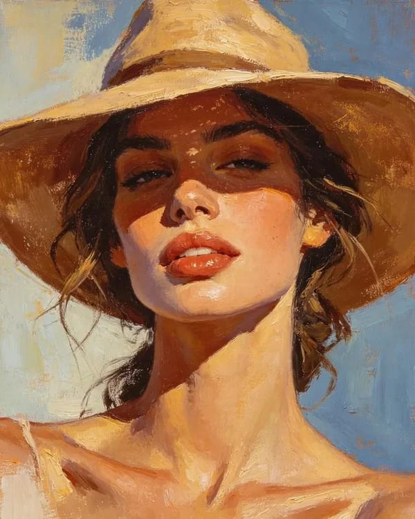 Masterpiece oil painting portrait of a beautiful young woman wearing a wide-brim tan hat, dark wavy… prompt example