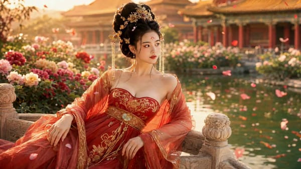 首帧 FIRST FRAME（=上传参考图，100%锁定）： 宫装美人，乌发高髻、金花步摇缀长串珍珠流苏垂肩，眉心红色花钿， 绛红描金绣花抹胸长裙、薄纱罗披半露香肩，金线腰封系白玉环佩； 斜…