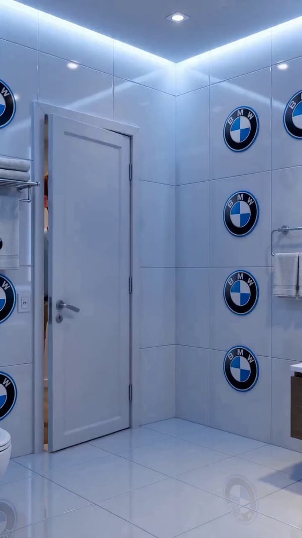 A tall, thin, gangly cartoon man enters a pristine modern luxury bathroom completely covered with B… prompt example