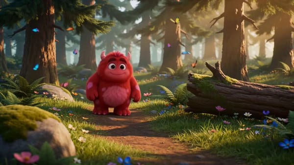 create a scene of happy monster following the @ image1 character reference precisely, he's running… prompt example